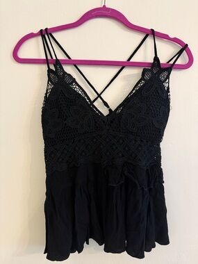 Black Crochet Lace Crop Top with Crisscross Straps